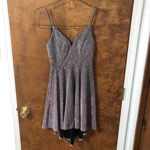B Darlin Purple Asymmetrical Fit and Flare Dress. Shimmery silver purple pink.